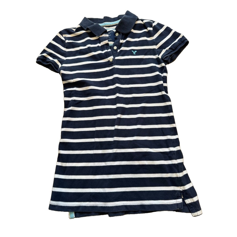 Y2K American Eagle Outfitters Striped Eagle Polo Shirt Medium Blue White Preppy